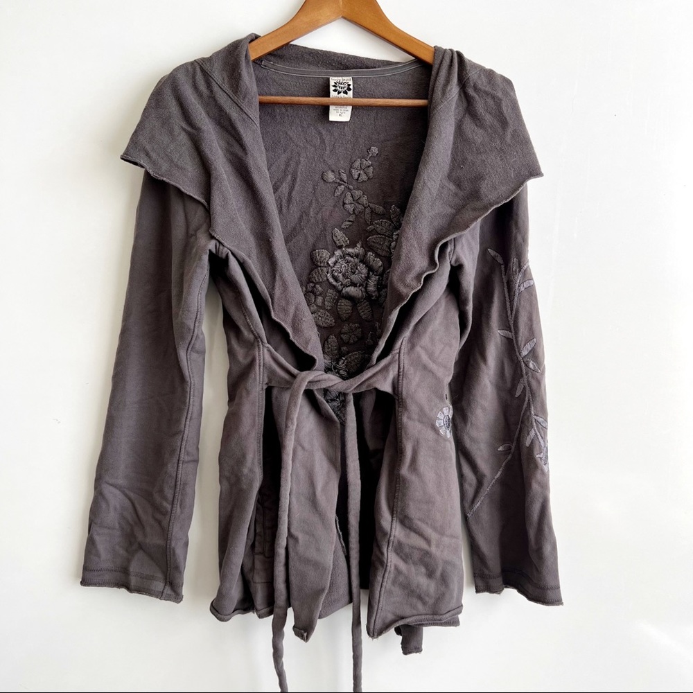 Lucky Brand Y2K Wrapped Cardigan Sweater Size XL, Cotton Stone Grey Embroidered